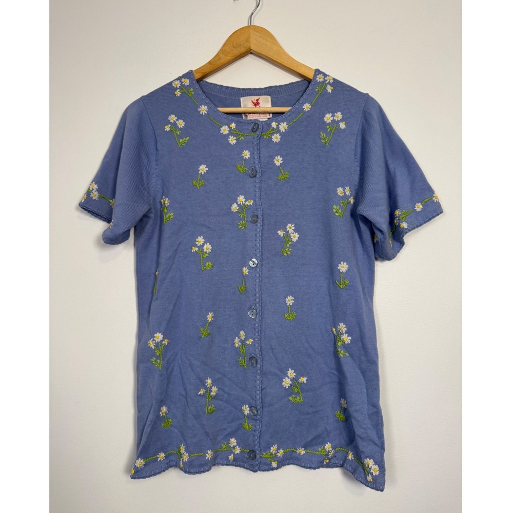 Vintage Quacker Factory Daisy Embroidered Cardigan Women XS Blue Short Sleeve